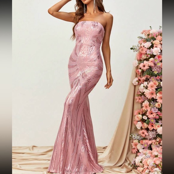 Backless pink open back mermaid hem party formal sequins dress - Picture 6 of 7